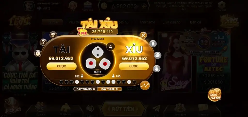 Giao diện chính game Tài Xỉu tại LC79 với hiệu ứng vàng bắt mắt