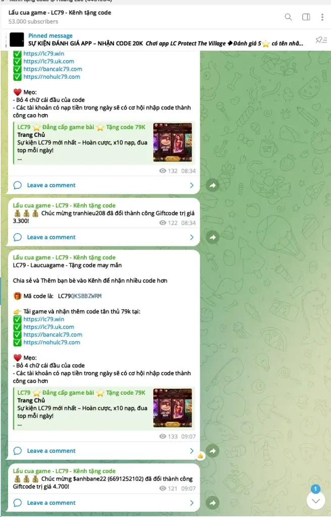 Ảnh chụp màn hình kênh Telegram nhận code miễn phí LC79